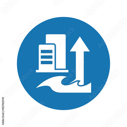 Rising sea level icon: climate change, flood risk, urban vulnerability Vector