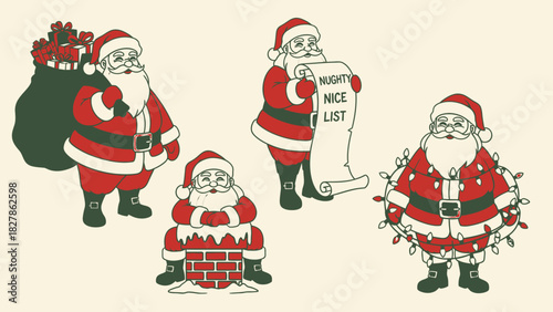 A collection of four vintage-style Santa Claus illustrations in various festive poses.