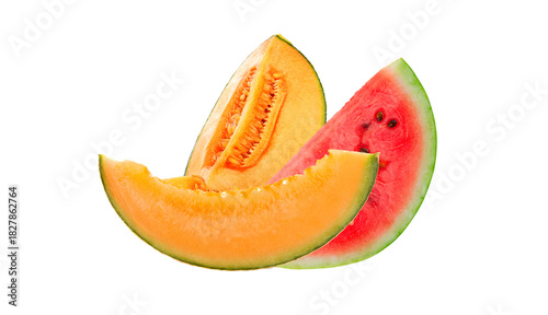 Cantaloupe and Watermelon Slices Combination on Transparent Background. Fresh cantaloupe and watermelon slices side by side, symbol of summer freshness and tropical flavor.