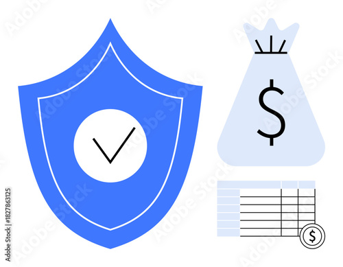 Shield with checkmark symbolizing protection, dollar bag signifying finances, and spreadsheet for tracking data. Ideal for finance, security, budgeting, wealth management, investment, safety