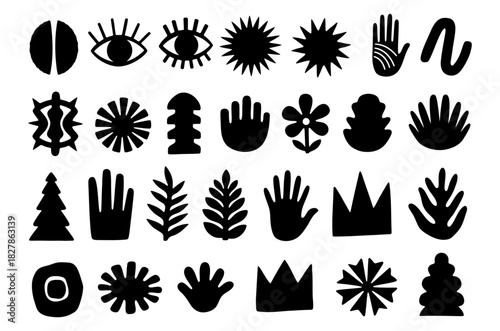 Set of abstract contemporary black shapes, collection of mystic symbols with eye, hand, sun, and crown icons
