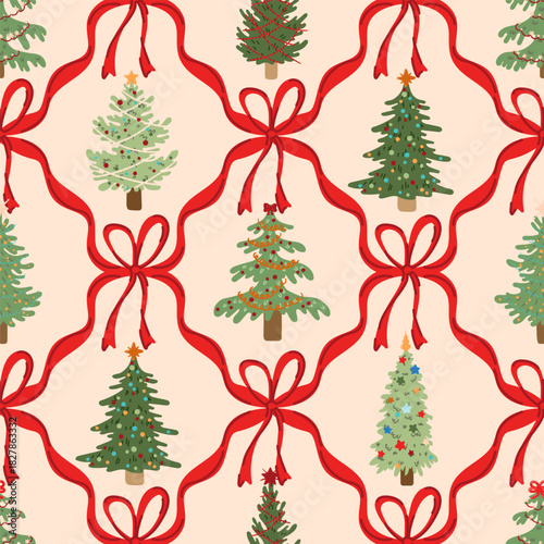 Retro Christmas fir tree preppy coquette bows winter holiday vintage seamless pattern wrap, textile