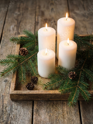 Four lit candles and green fir branches with pine cones arranged on a wooden tray create a warm, cozy atmosphere of Christmas and winter. Advent.