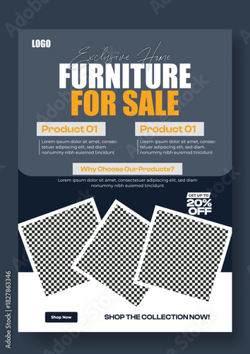 Modern furniture for sale advertisement with vibrant product images and discount offer on dark background,
Stylish upholstered armchair for sale with discount offer on a dark blue background perfect.