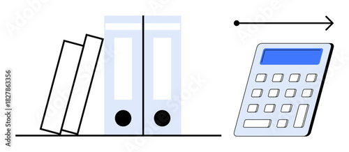 Stacked files next to a calculator with an arrow indicating progress or calculation flow. Ideal for finance, accounting, productivity, analysis, education, organization, budgeting. Simple flat