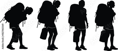 Silhouette of a Hiker or Backpacker Carrying an Extremely Heavy Backpack, Illustrating Concepts of Travel, Adventure, Challenge, Expedition, Load, Strength, Endurance, and Trekking Isolated on White.