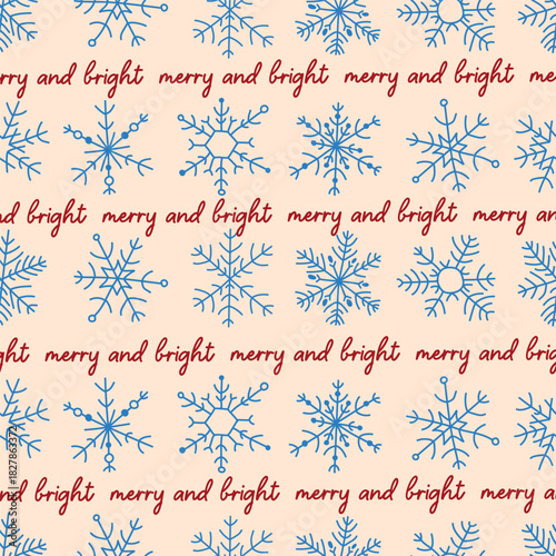 Retro Christmas, New Year seamless pattern, snowflake, text, merry and bright, fabric wallpaper