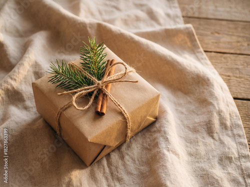 Gift box with pine branch and cinnamon stick on linen fabric