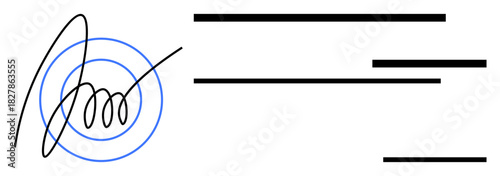 Hand-drawn signature with blue circular elements indicating verification. Black lines suggest documents or agreements. Ideal for identity, authentication, security, trust, validation, contracts