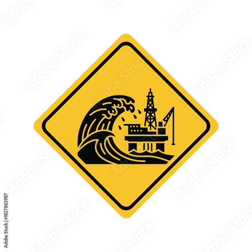 Tsunami hazard offshore oil rig warning sign vector icon Vector