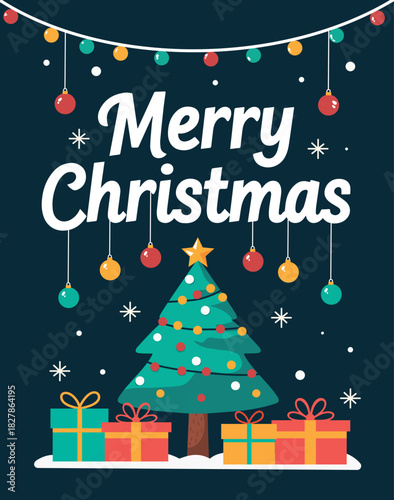 A bright flat vector illustration of Merry Christmas, dark blue background. Decorated Christmas tree, gifts, garlands, ornaments, snowflakes. Festive design for New Year's cards, greetings, packaging