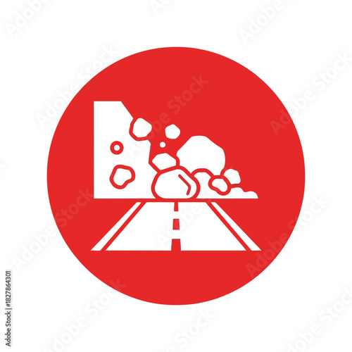 Landslide road blockage warning icon   rockfall hazard vector Vector