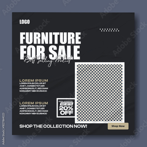 Modern furniture for sale advertisement with vibrant product images and discount offer on dark background,
Stylish upholstered armchair for sale with discount offer on a dark blue background perfect.