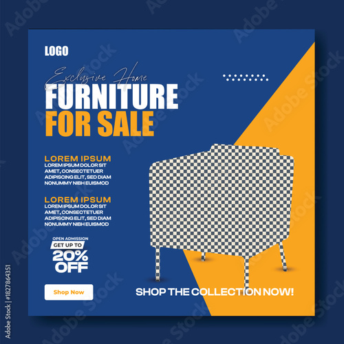 Modern furniture for sale advertisement with vibrant product images and discount offer on dark background,
Stylish upholstered armchair for sale with discount offer on a dark blue background perfect.