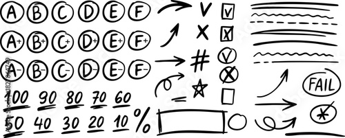 Hand-drawn school grade marks, numbers, arrows, checks, crosses and underline doodles in black ink. Includes A–F grades, percentages and sketch symbols for notes