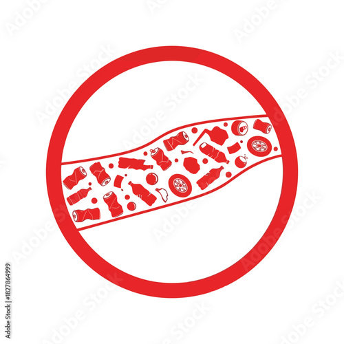 Environmental pollution warning icon: waste & plastic debris stream Vector