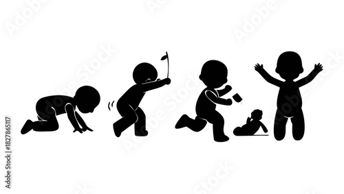 Silhouette baby activities: play, draw, laugh, and sleep in black and white .vector icon