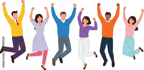 Vector Illustration of a Diverse Group of Happy People Jumping with Arms Raised in Celebration, Representing Joy, Success, Teamwork, Victory, Achievement, and Fun