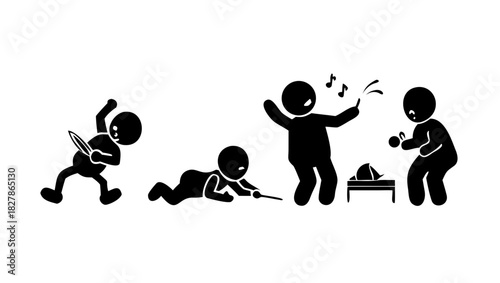 Silhouette baby activities: play, draw, laugh, and sleep in black and white .vector icon