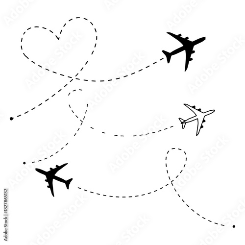 Airplane line path and heart shaoe vector icon of air plane flight route