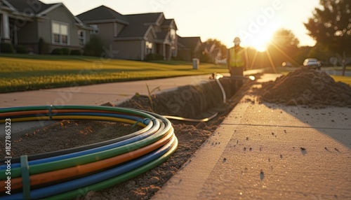 Colorful fiber optic conduit cables lying near a trench in a suburban neighborhood 