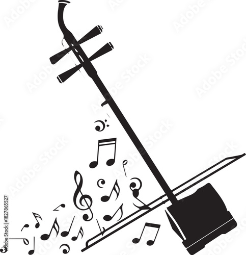 Traditional chinese erhu instrument with flowing musical notes
