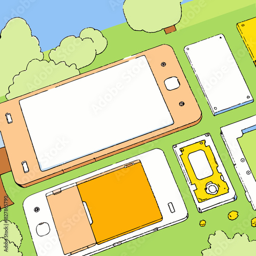 Cartoon illustration of disassembled smartphones on a grassy field