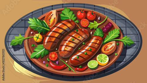 Very beautiful semi-realistic vector illustration of a grilled sausage on a barbecue grill plate, garnished with fresh herbs and accompanied by colorful vegetables, viewed from above with detailed tex