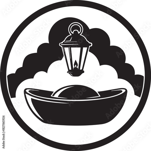 Traditional chinese lantern above a bowl with clouds