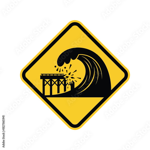 Tsunami warning sign: destructive wave impacting pier Vector