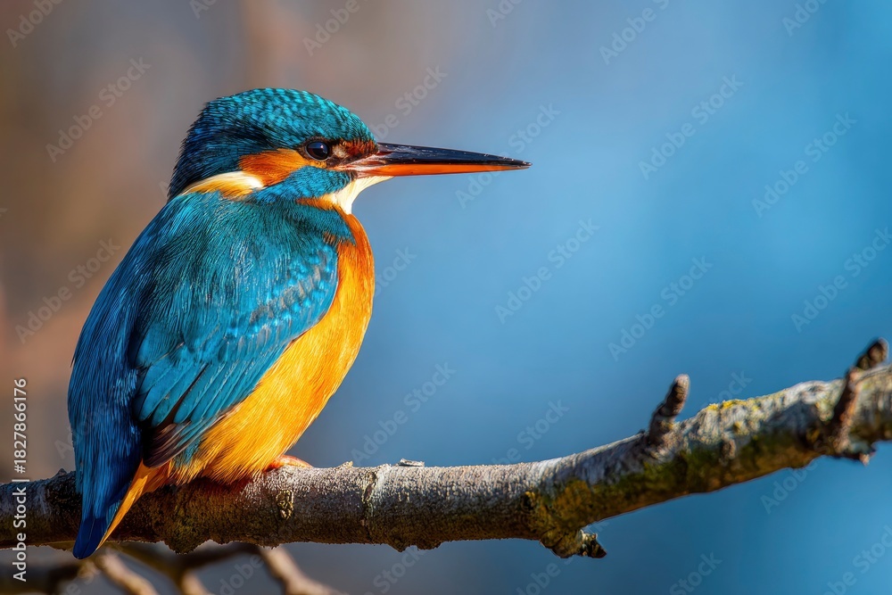 Fototapeta premium A vivid kingfisher perched on a lichened branch against a blurred background
