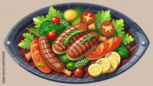 Very beautiful semi-realistic vector illustration of a grilled sausage on a barbecue grill plate, garnished with fresh herbs and accompanied by colorful vegetables, viewed from above with detailed tex