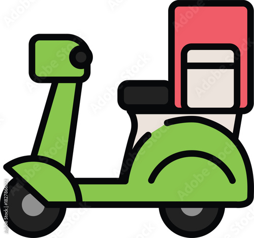 Green scooter with a red delivery box, ideal for food delivery and urban transport illustrations