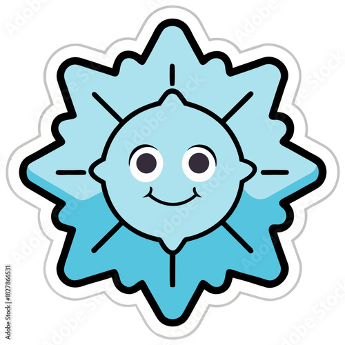 Cheerful Snowflake Emblem sticker: A charming illustration depicts a smiling snowflake emblem. Its delicate ice crystal shape, coupled with a happy face, embodies the whimsical essence of winter. 