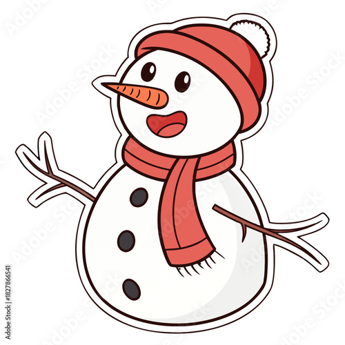 Winter's Cheerful Companion sticker: A friendly snowman, complete with a carrot nose, rosy cheeks, and a warm hat and scarf, stands ready to embrace the chilly season. 