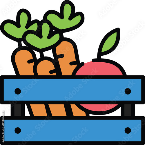 A simple line icon of a fresh produce crate with carrots and fruit, representing grocery shopping or farm to table delivery