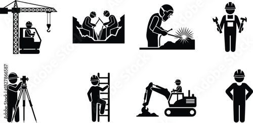 Title: Construction and Industrial Worker Icons Set: Crane Operator, Mining, Welding, Mechanic, Surveyor, Ladder Climb, Excavator Driver, Safety Gear Pictogram, Labor Job Collection.