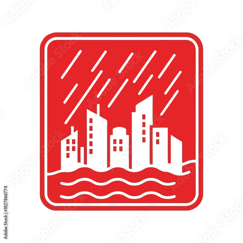 Urban flood risk icon: city skyline under heavy rain Vector