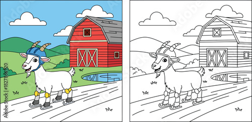 Cute cartoon goat ice skating on a farm near a red barn. Coloring book page for kids with a colored example and black and white outline. Educational vector illustration.