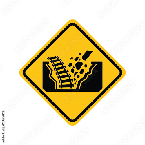 Railway landslide warning sign: track collapse hazard Vector