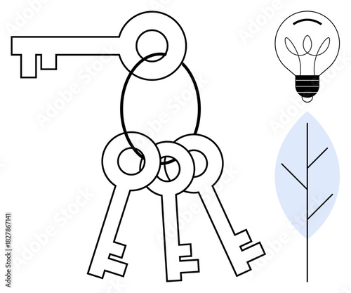 Keys linked on a ring with a light bulb and a simplistic leaf. Ideal for security, innovation, green energy, creativity, unlocking potential, solutions, and minimalism. A simple flat metaphor