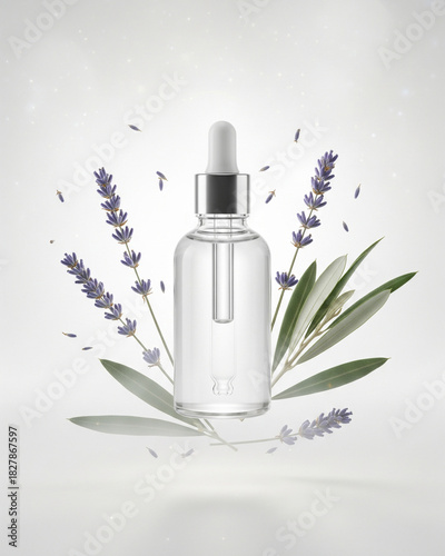 Serum Bottle Floating with Lavender and Leaves Mockup