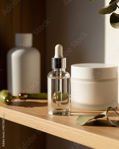 Skincare Shelfie Serum Bottle Mockup with Lifestyle Props