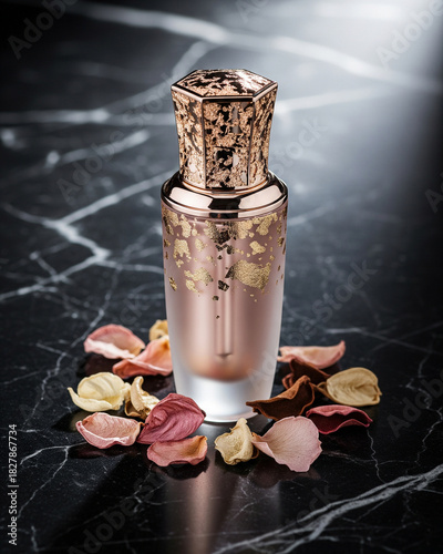Ultra Premium Frosted Glass Serum Bottle with Gold Leaf Mockup