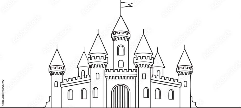 Obraz premium Continuous single line drawing of a fairy-tale amusement park castle with four towers and flags, minimalist fantasy fortress in clean outline vector illustration