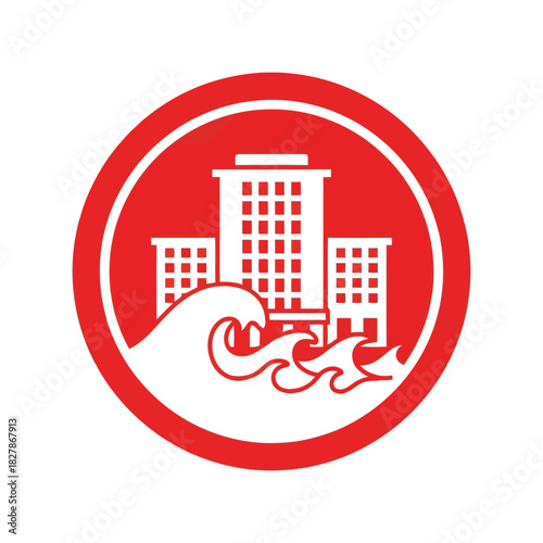 Tsunami warning icon: urban flood disaster risk symbol Vector
