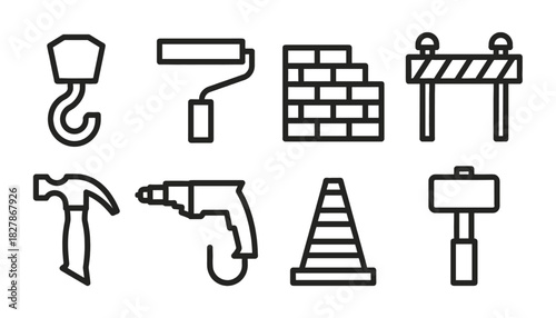 Construction, Building, and Repair Line Icons Set: Work Tools and Site Equipment Featuring Crane Hook, Paint Roller, Brick Wall, Barrier, Hammer, Drill, Cone, and Sledgehammer
