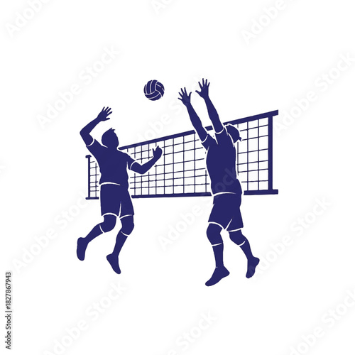 Dynamic vector illustration of two volleyball players competing fiercely at the net, capturing intense athletic game action