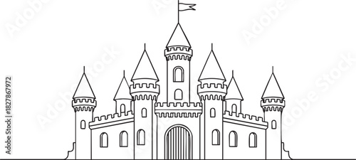 Continuous single line drawing of a fairy-tale amusement park castle with four towers and flags, minimalist fantasy fortress in clean outline vector illustration