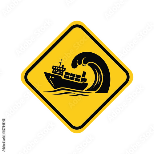 Tsunami warning sign with cargo ship   maritime danger hazard icon Vector
